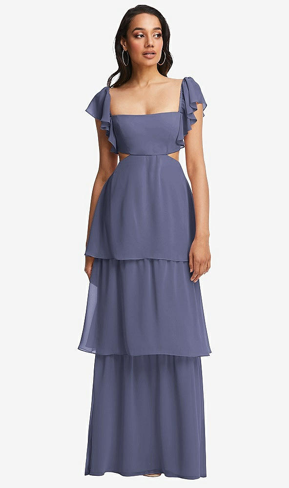 Front View - French Blue Flutter Sleeve Cutout Tie-Back Maxi Dress with Tiered Ruffle Skirt