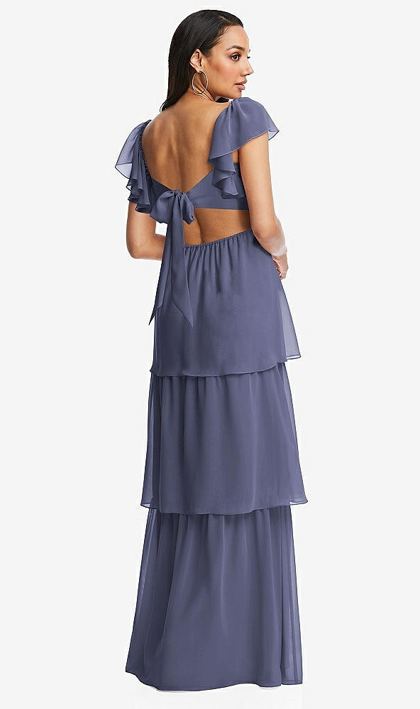 Back View - French Blue Flutter Sleeve Cutout Tie-Back Maxi Dress with Tiered Ruffle Skirt