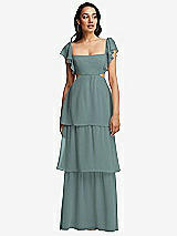 Front View Thumbnail - Icelandic Flutter Sleeve Cutout Tie-Back Maxi Dress with Tiered Ruffle Skirt