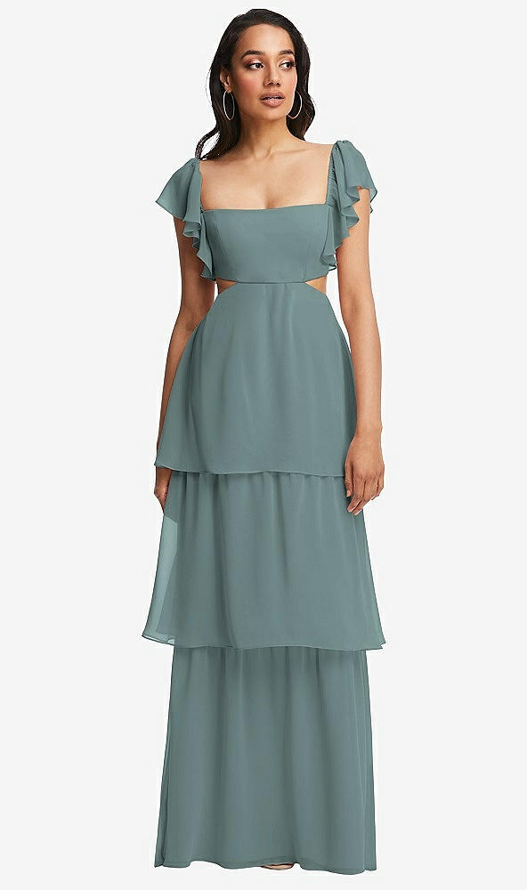 Front View - Icelandic Flutter Sleeve Cutout Tie-Back Maxi Dress with Tiered Ruffle Skirt