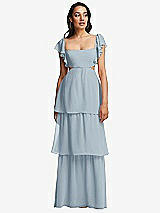 Front View Thumbnail - Mist Flutter Sleeve Cutout Tie-Back Maxi Dress with Tiered Ruffle Skirt