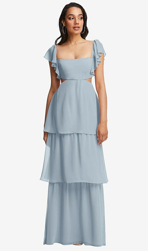 Front View - Mist Flutter Sleeve Cutout Tie-Back Maxi Dress with Tiered Ruffle Skirt
