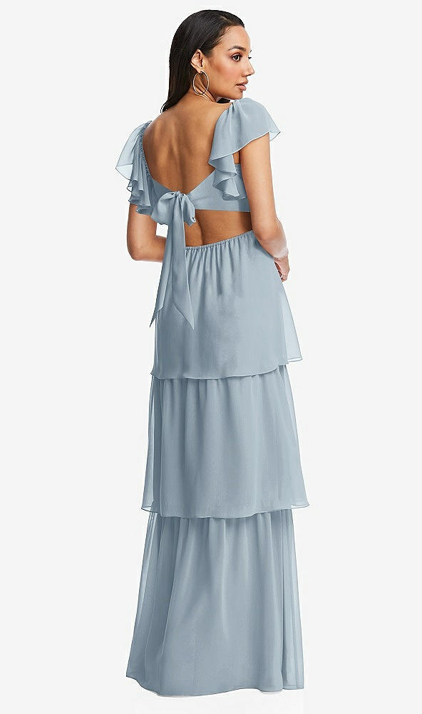 Back View - Mist Flutter Sleeve Cutout Tie-Back Maxi Dress with Tiered Ruffle Skirt