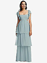 Front View Thumbnail - Morning Sky Flutter Sleeve Cutout Tie-Back Maxi Dress with Tiered Ruffle Skirt