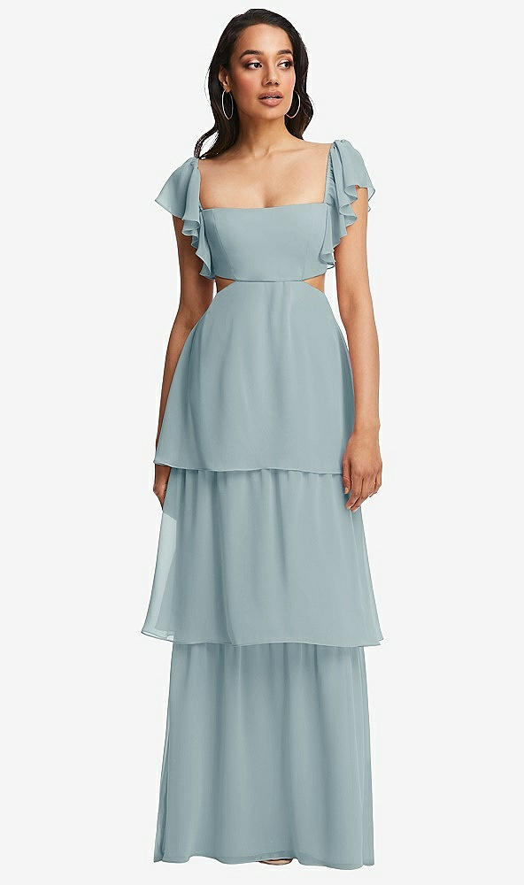 Front View - Morning Sky Flutter Sleeve Cutout Tie-Back Maxi Dress with Tiered Ruffle Skirt