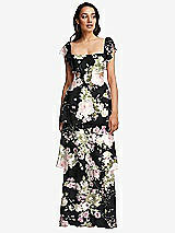 Front View Thumbnail - Noir Garden Flutter Sleeve Cutout Tie-Back Maxi Dress with Tiered Ruffle Skirt