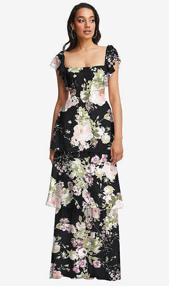 Front View - Noir Garden Flutter Sleeve Cutout Tie-Back Maxi Dress with Tiered Ruffle Skirt