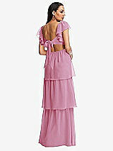 Rear View Thumbnail - Powder Pink Flutter Sleeve Cutout Tie-Back Maxi Dress with Tiered Ruffle Skirt