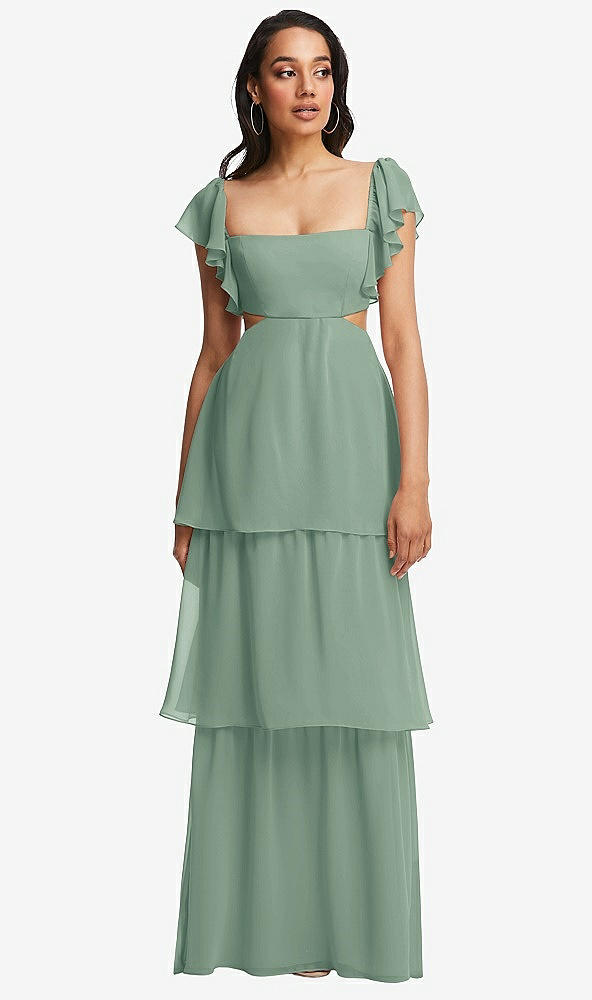 Front View - Seagrass Flutter Sleeve Cutout Tie-Back Maxi Dress with Tiered Ruffle Skirt