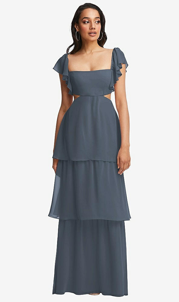 Front View - Silverstone Flutter Sleeve Cutout Tie-Back Maxi Dress with Tiered Ruffle Skirt