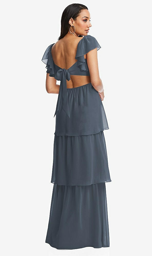 Back View - Silverstone Flutter Sleeve Cutout Tie-Back Maxi Dress with Tiered Ruffle Skirt