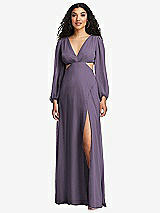 Front View Thumbnail - Lavender Long Puff Sleeve Cutout Waist Chiffon Maxi Dress 