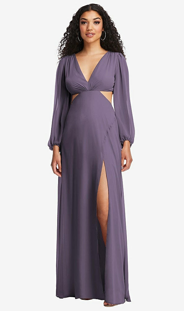 Front View - Lavender Long Puff Sleeve Cutout Waist Chiffon Maxi Dress 