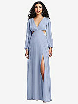 Front View Thumbnail - Sky Blue Long Puff Sleeve Cutout Waist Chiffon Maxi Dress 