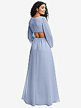 Rear View Thumbnail - Sky Blue Long Puff Sleeve Cutout Waist Chiffon Maxi Dress 