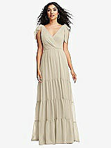 Front View Thumbnail - Champagne Bow-Shoulder Faux Wrap Maxi Dress with Tiered Skirt
