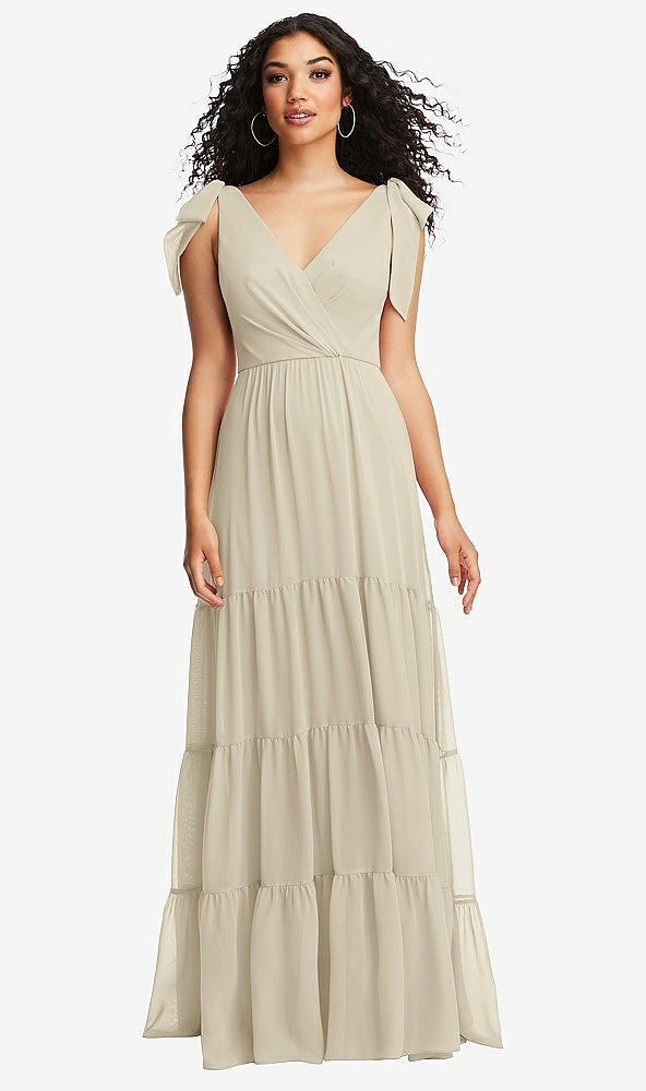 Front View - Champagne Bow-Shoulder Faux Wrap Maxi Dress with Tiered Skirt