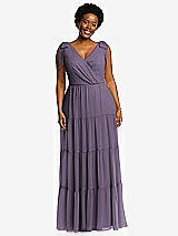 Alt View 1 Thumbnail - Lavender Bow-Shoulder Faux Wrap Maxi Dress with Tiered Skirt