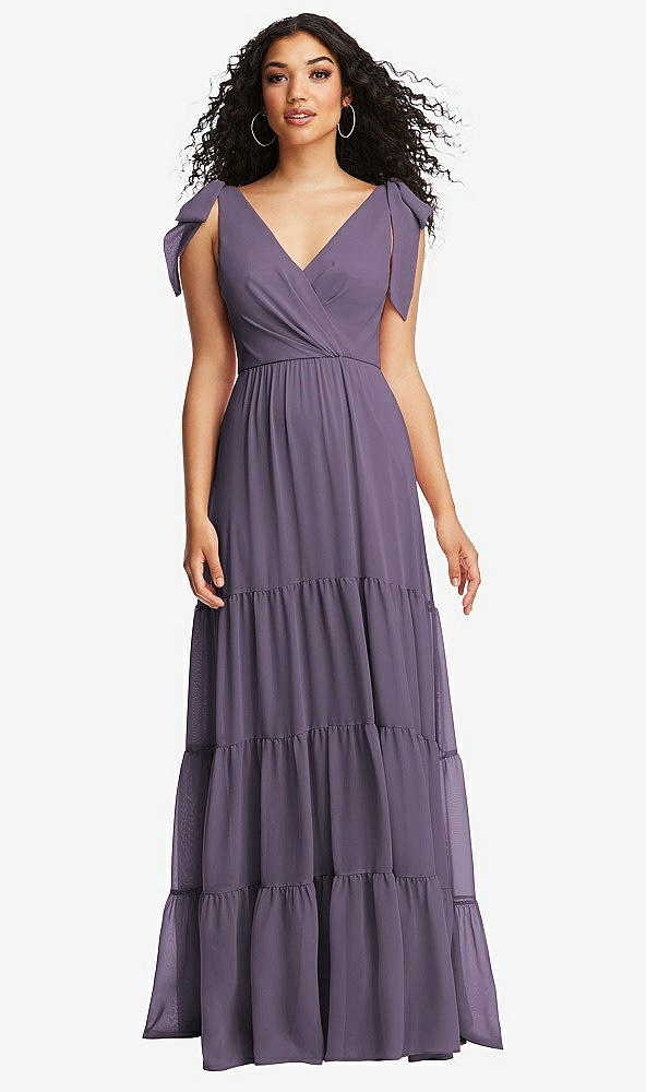 Front View - Lavender Bow-Shoulder Faux Wrap Maxi Dress with Tiered Skirt