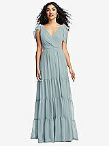 Front View Thumbnail - Morning Sky Bow-Shoulder Faux Wrap Maxi Dress with Tiered Skirt