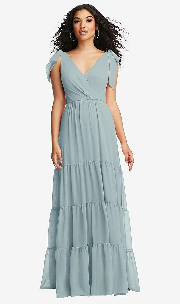 Front View - Morning Sky Bow-Shoulder Faux Wrap Maxi Dress with Tiered Skirt
