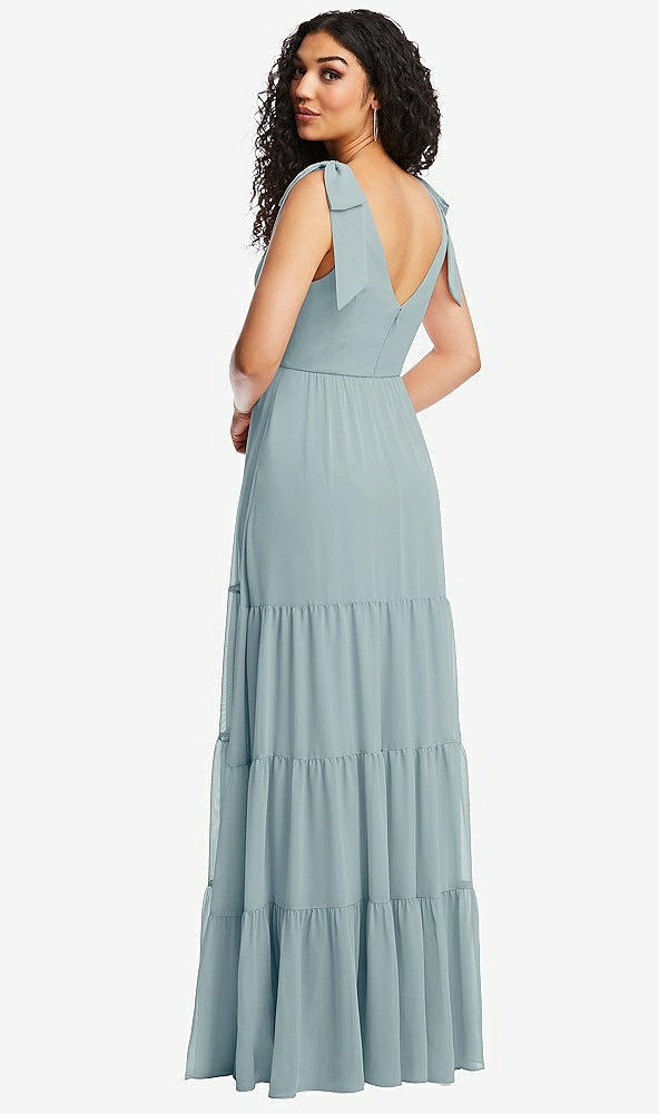 Back View - Morning Sky Bow-Shoulder Faux Wrap Maxi Dress with Tiered Skirt
