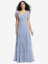 Front View Thumbnail - Sky Blue Bow-Shoulder Faux Wrap Maxi Dress with Tiered Skirt