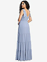 Rear View Thumbnail - Sky Blue Bow-Shoulder Faux Wrap Maxi Dress with Tiered Skirt