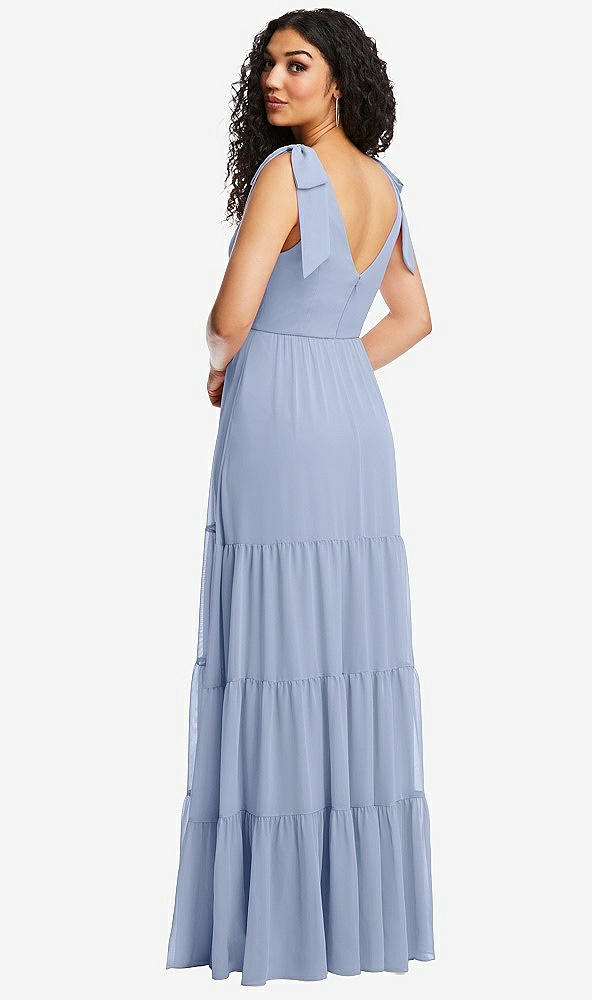 Back View - Sky Blue Bow-Shoulder Faux Wrap Maxi Dress with Tiered Skirt