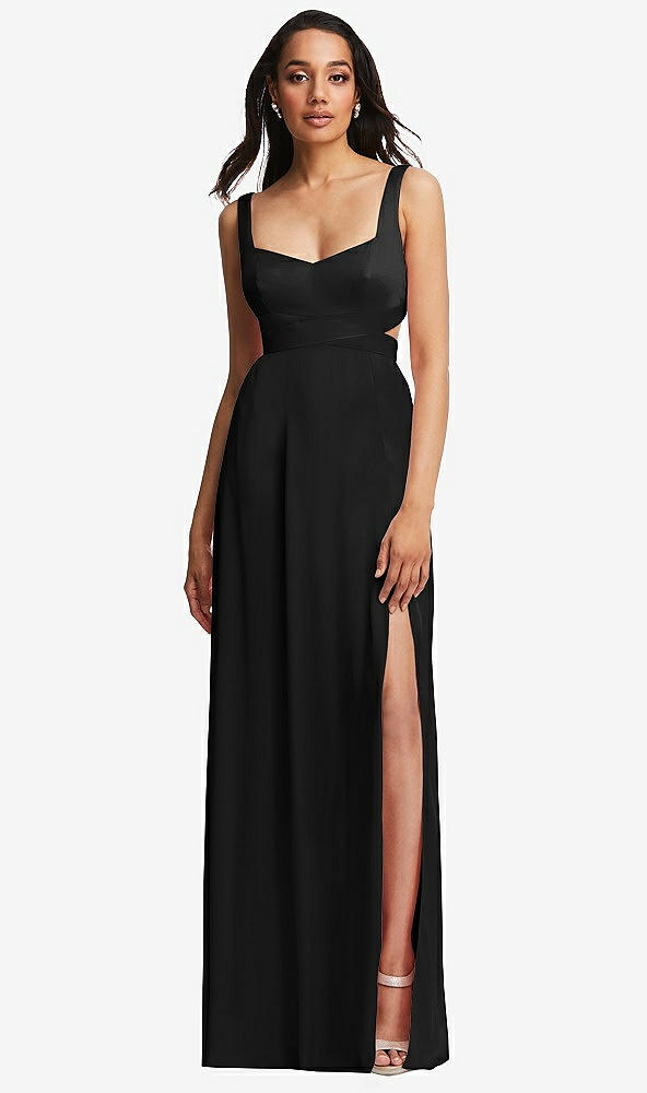 Front View - Black Open Neck Cross Bodice Cutout  Maxi Dress with Front Slit