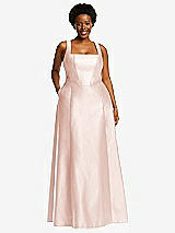 Alt View 1 Thumbnail - Blush Boned Corset Closed-Back Satin Gown with Full Skirt and Pockets
