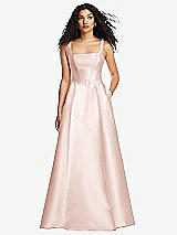 Front View Thumbnail - Blush Boned Corset Closed-Back Satin Gown with Full Skirt and Pockets