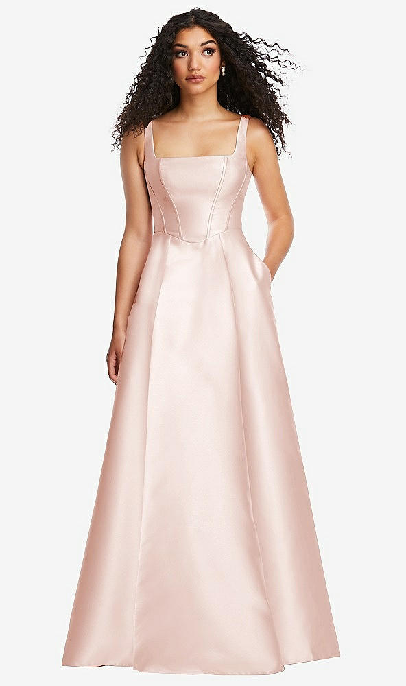 Front View - Blush Boned Corset Closed-Back Satin Gown with Full Skirt and Pockets