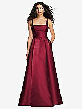 Front View Thumbnail - Burgundy Boned Corset Closed-Back Satin Gown with Full Skirt and Pockets