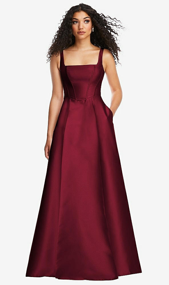 Front View - Burgundy Boned Corset Closed-Back Satin Gown with Full Skirt and Pockets