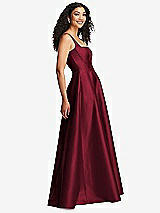 Side View Thumbnail - Burgundy Boned Corset Closed-Back Satin Gown with Full Skirt and Pockets