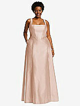 Alt View 1 Thumbnail - Cameo Boned Corset Closed-Back Satin Gown with Full Skirt and Pockets