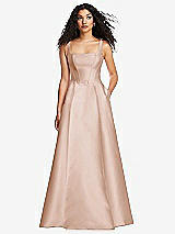 Front View Thumbnail - Cameo Boned Corset Closed-Back Satin Gown with Full Skirt and Pockets