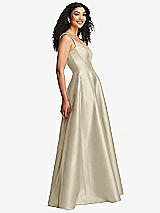 Side View Thumbnail - Champagne Boned Corset Closed-Back Satin Gown with Full Skirt and Pockets