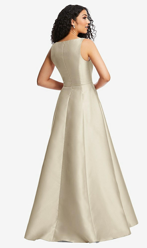 Back View - Champagne Boned Corset Closed-Back Satin Gown with Full Skirt and Pockets