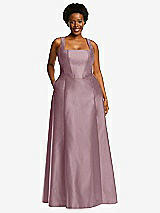 Alt View 1 Thumbnail - Dusty Rose Boned Corset Closed-Back Satin Gown with Full Skirt and Pockets