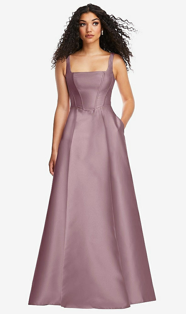 Front View - Dusty Rose Boned Corset Closed-Back Satin Gown with Full Skirt and Pockets