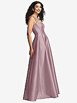 Side View Thumbnail - Dusty Rose Boned Corset Closed-Back Satin Gown with Full Skirt and Pockets
