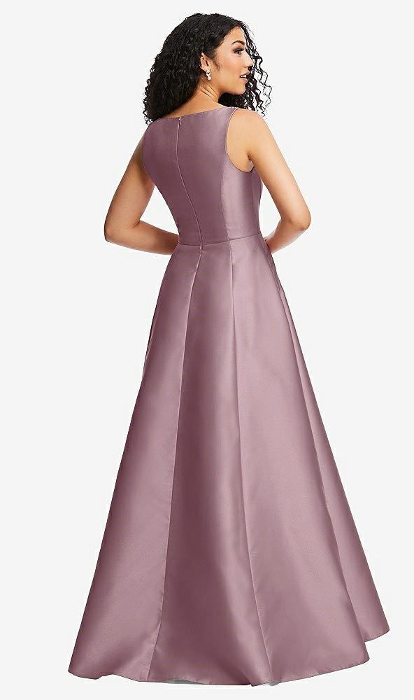 Back View - Dusty Rose Boned Corset Closed-Back Satin Gown with Full Skirt and Pockets