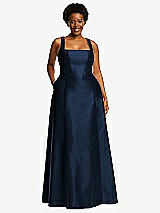 Alt View 1 Thumbnail - Midnight Navy Boned Corset Closed-Back Satin Gown with Full Skirt and Pockets