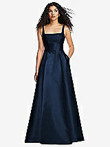 Front View Thumbnail - Midnight Navy Boned Corset Closed-Back Satin Gown with Full Skirt and Pockets