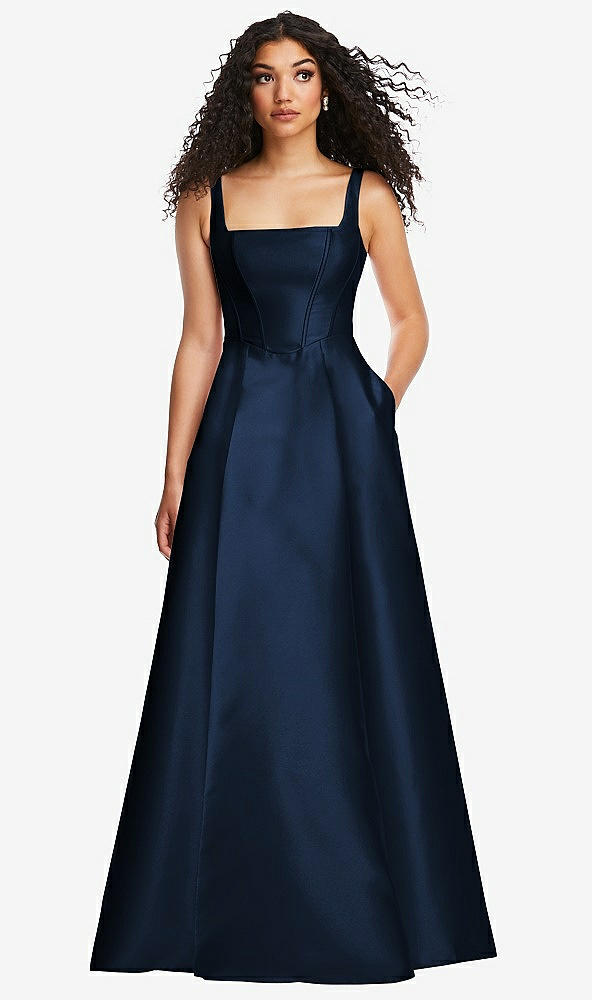 Front View - Midnight Navy Boned Corset Closed-Back Satin Gown with Full Skirt and Pockets