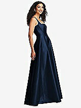 Side View Thumbnail - Midnight Navy Boned Corset Closed-Back Satin Gown with Full Skirt and Pockets