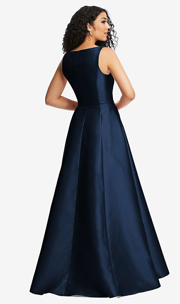 Back View - Midnight Navy Boned Corset Closed-Back Satin Gown with Full Skirt and Pockets