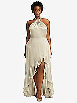 Front View Thumbnail - Champagne Tie-Neck Halter Maxi Dress with Asymmetric Cascade Ruffle Skirt